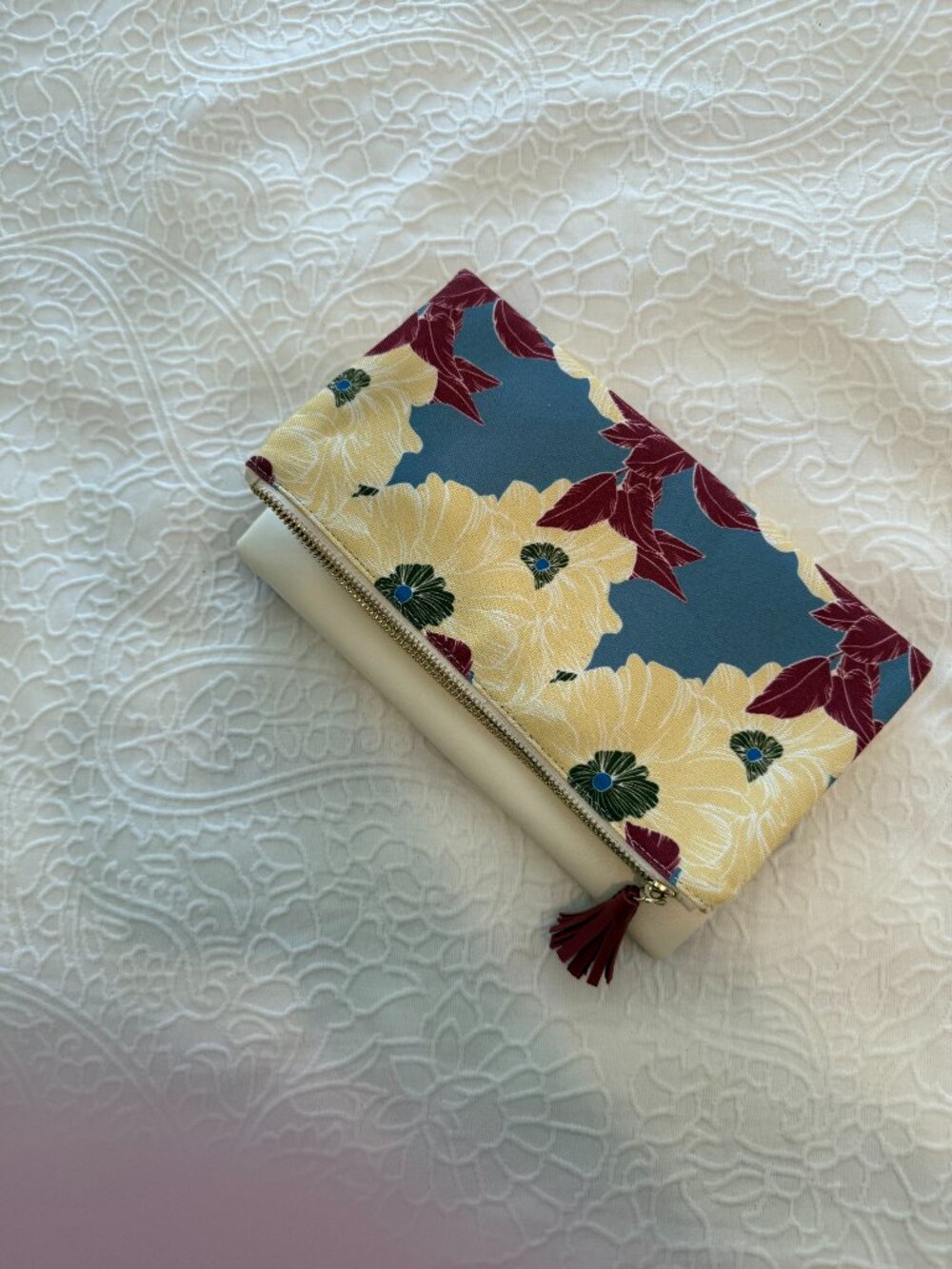 Rachel Pally Floral Printed Canvas Leather Trim Clutch Bag Tassel Zipper Magnet